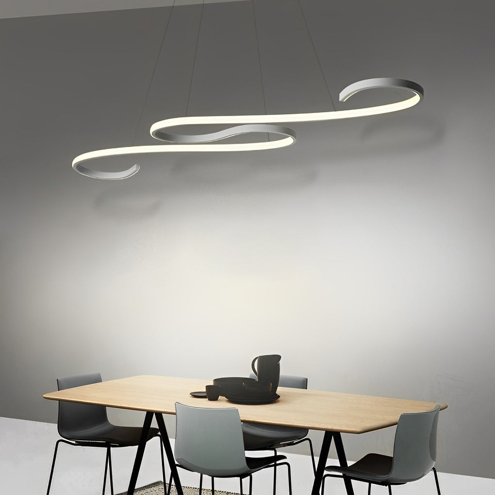 White chandeliers with a modern loop design, providing ambient light in a stylish dining area.
