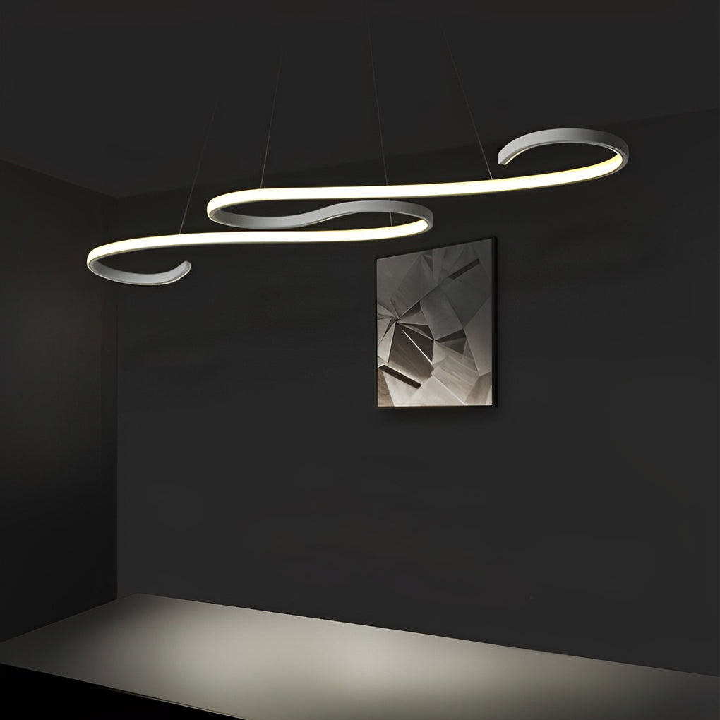 White chandeliers featuring a unique curved structure, displayed in a modern interior with gray walls.