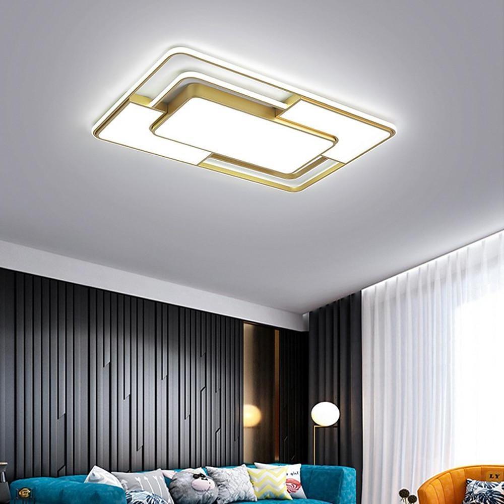 White and gold square flush mount ceiling light in contemporary living room