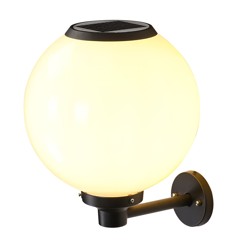White outdoor globe wall sconce with technical view of the base and mounting.