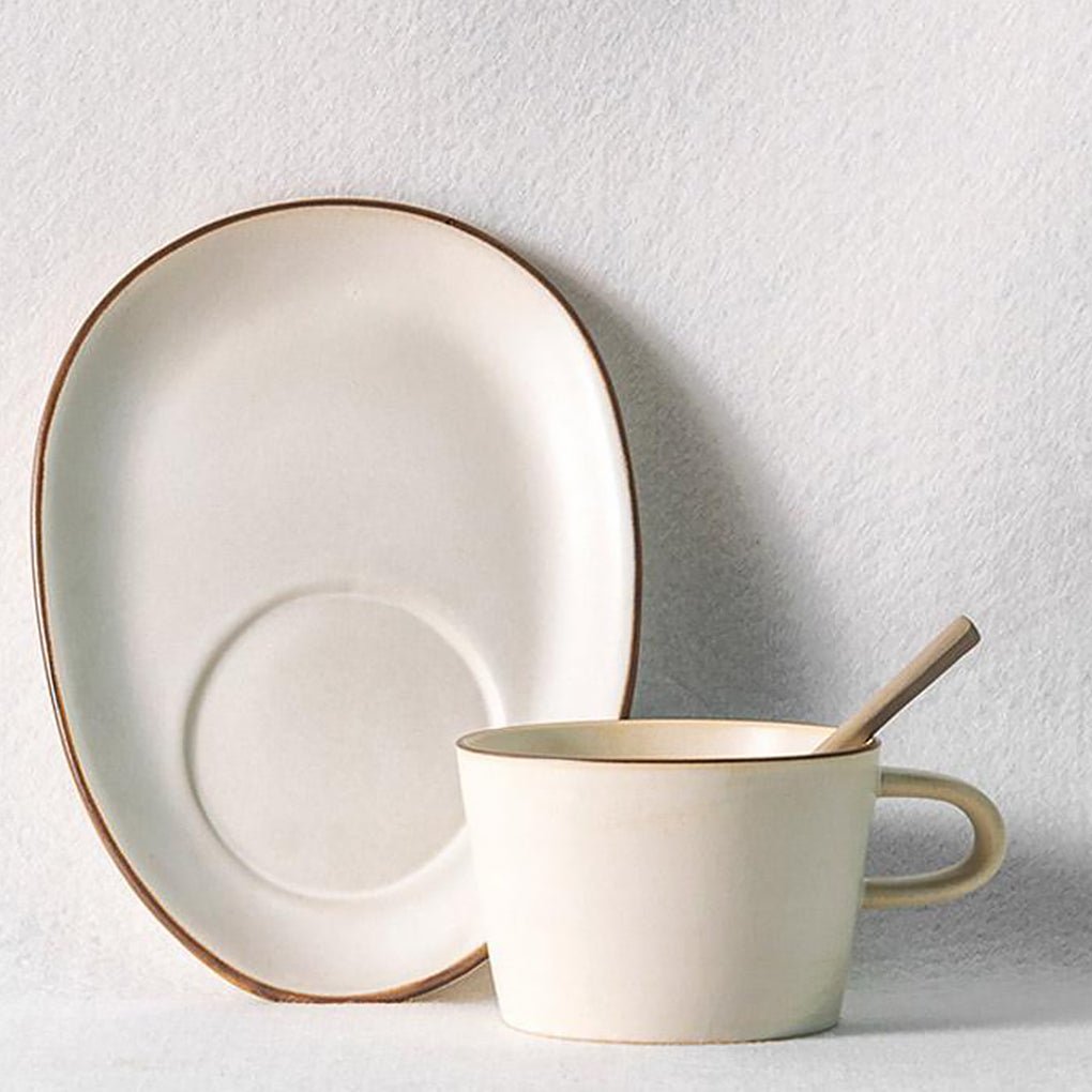 White Stoneware Mug Coffee Cup Teacup with Oval Rectangle Saucer - Dazuma