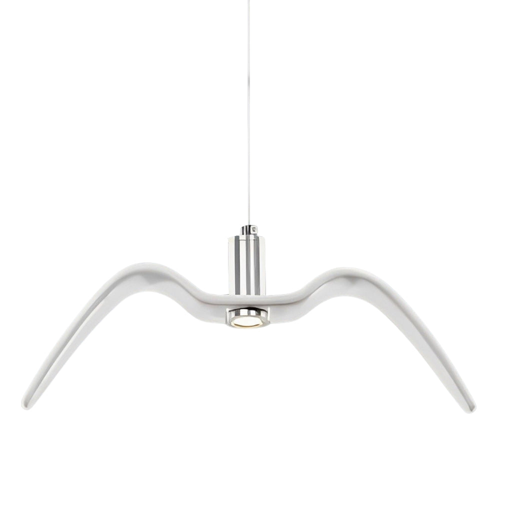 Front view of wing pendant light with symmetrical curved arms.