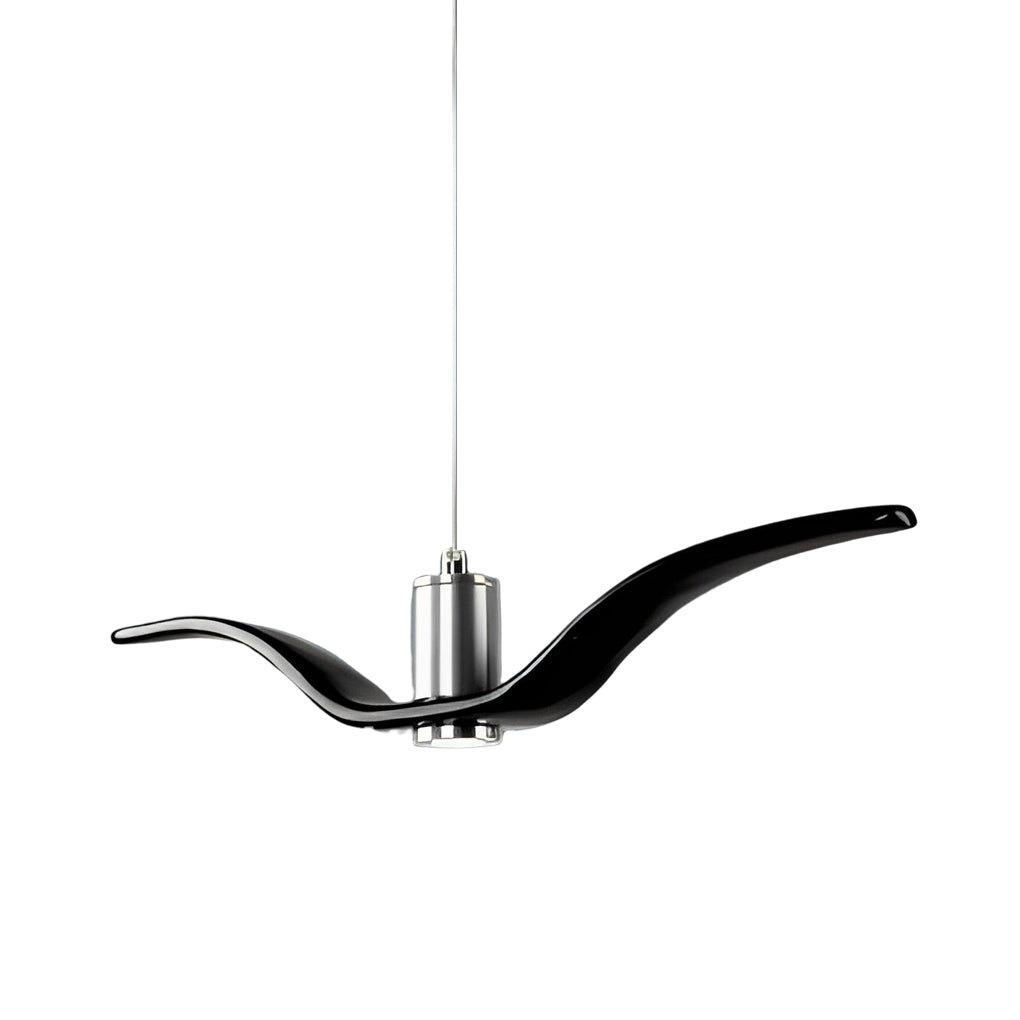 Side angle view of black wing pendant light on white background.