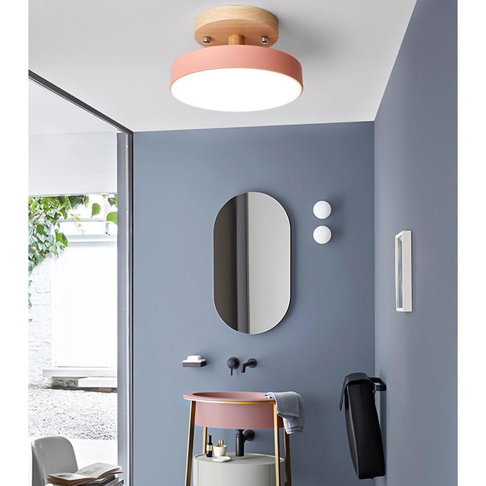 Round Minimalist Drum Flush Mount Light Metal Wood LED Ceiling Light