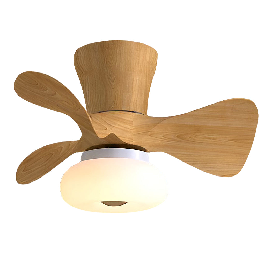 Wooden macaron ceiling fan with light isolated on white background.