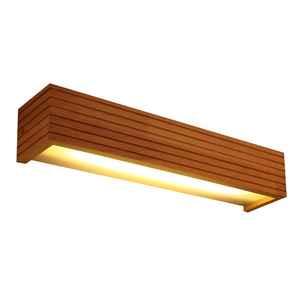 Wooden wall lamp product image on a clean background, showcasing minimalist rectangular design.