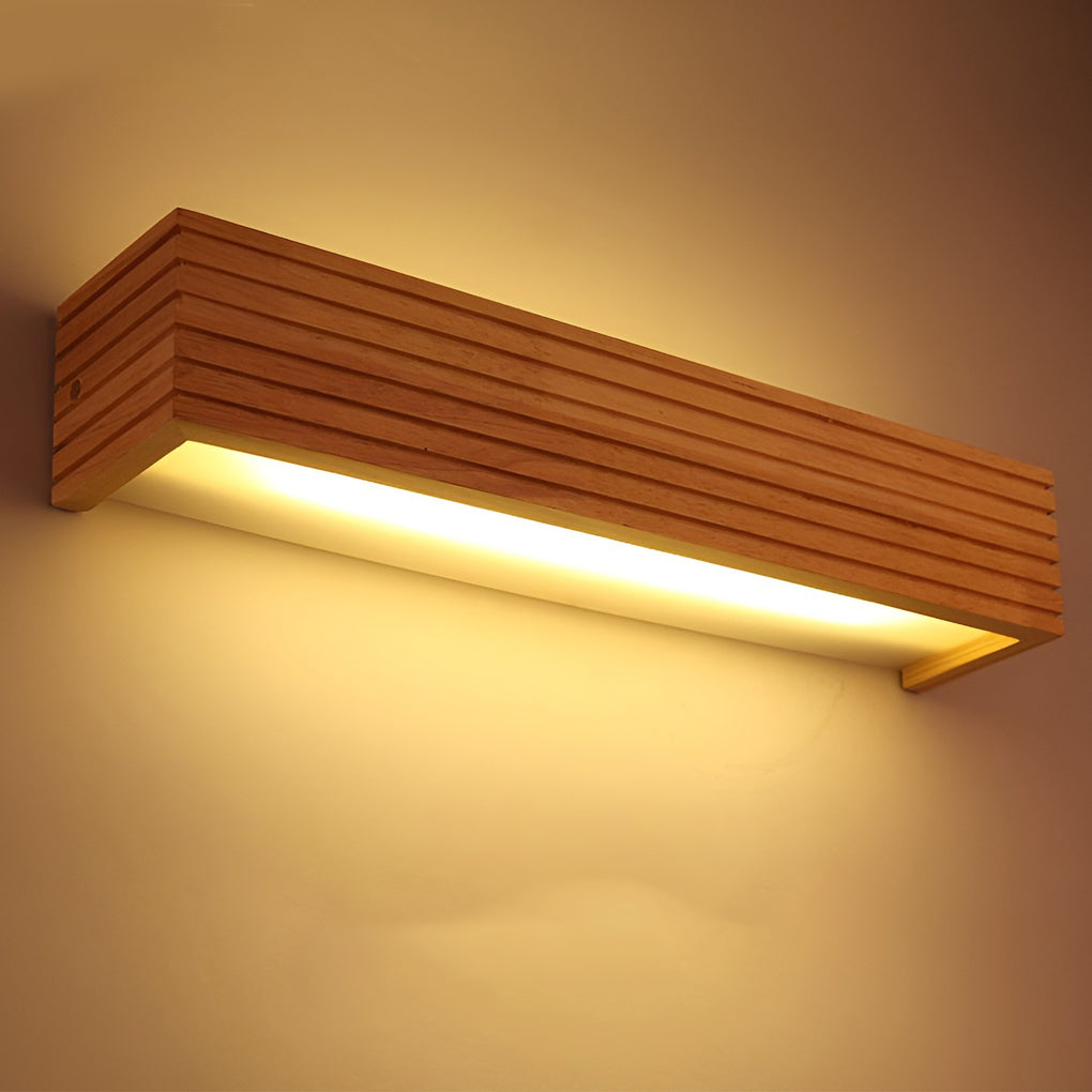 Wooden wall lamp close-up showing layered wood grain texture and integrated LED light strip.