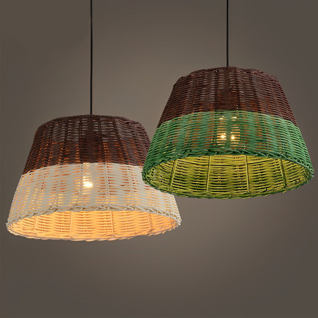Woven pendant lamp with a close-up of the intricate woven texture and light.
