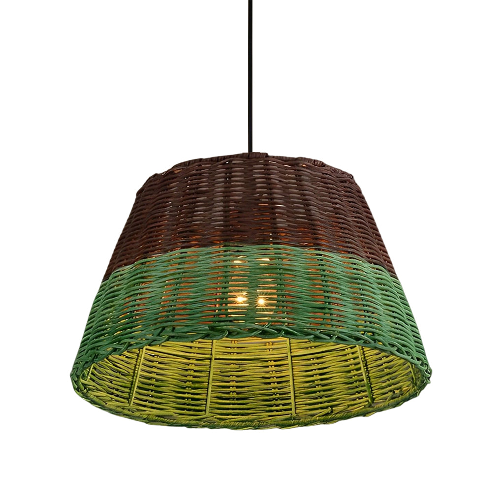 Woven pendant lamp in natural tones, side view of the artisanal design.