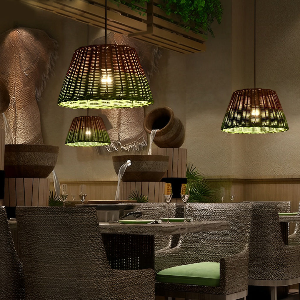 Woven pendant lamp illuminating a stylish indoor space with rustic charm.