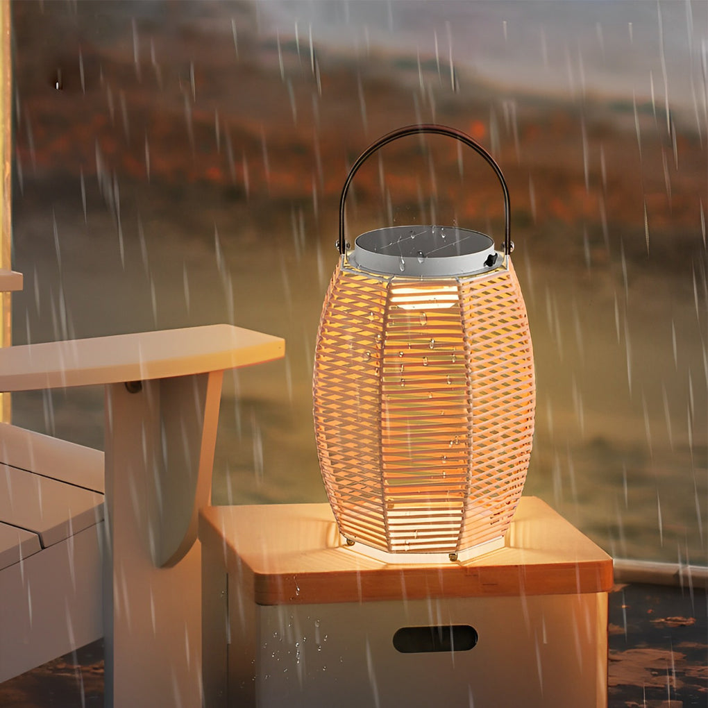 Woven rattan lanterns placed on a beach setting, creating a relaxing evening atmosphere.