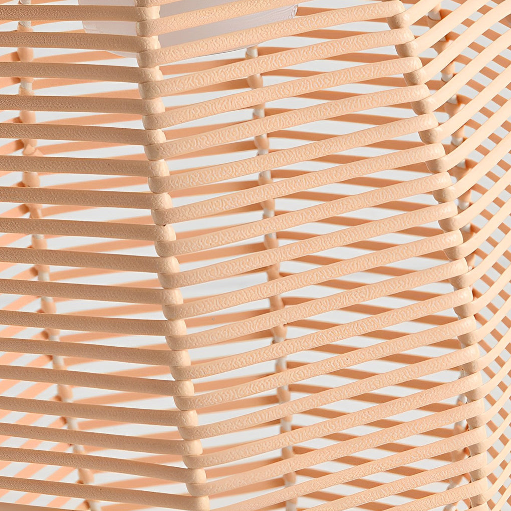 Woven rattan lanterns with a close-up of their woven pattern and warm glow.