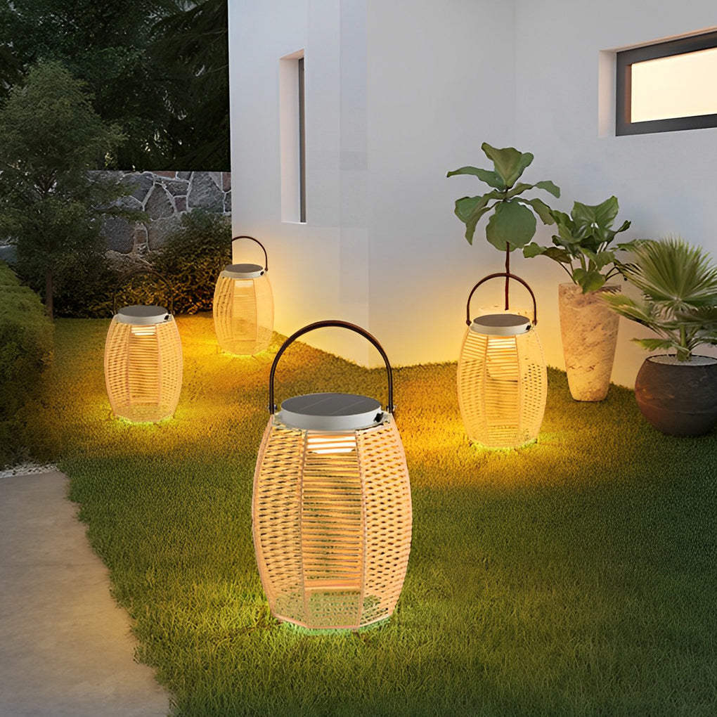 Woven rattan lanterns illuminating a garden pathway with soft, inviting glow.