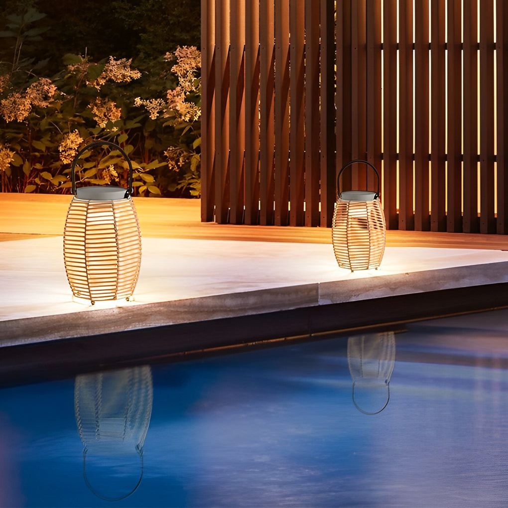 Woven rattan lanterns with a remote control, providing convenient outdoor illumination.