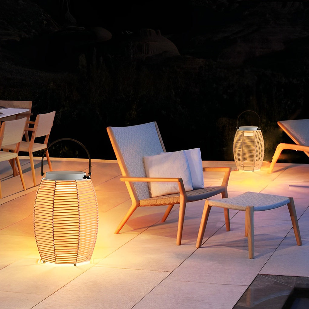 Woven rattan lanterns glowing softly in a rain setting, showcasing their durability.
