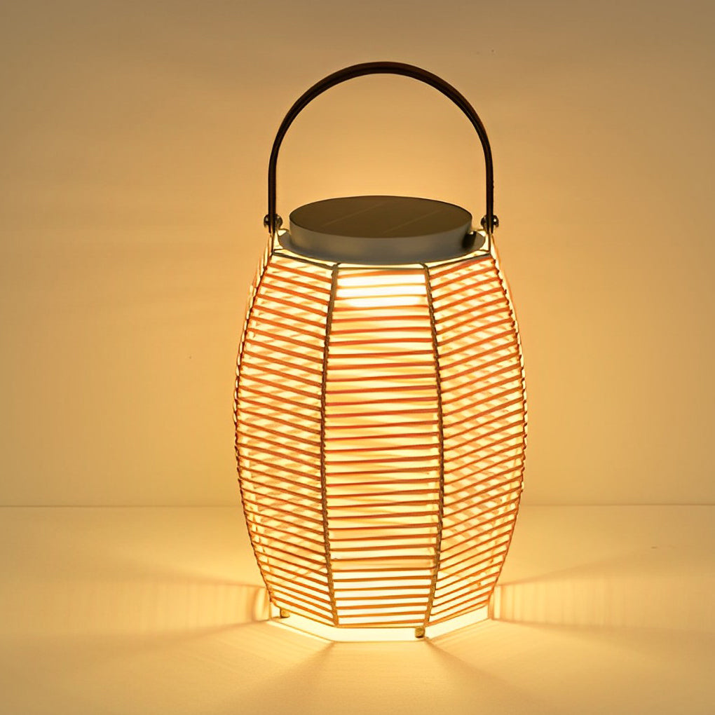 Woven rattan lanterns with a detailed view of their woven texture and sturdy handle.