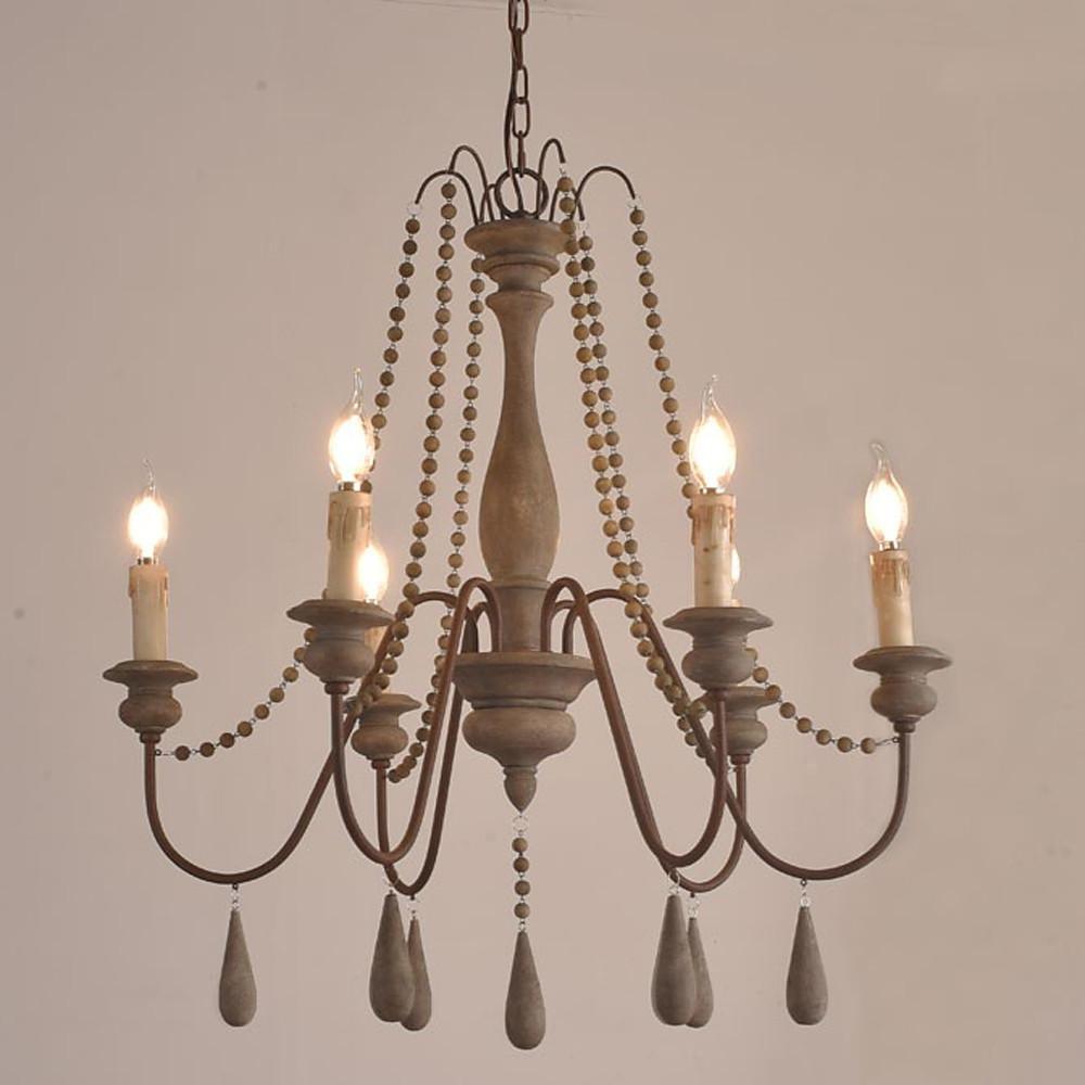 Rustic Farmhouse Wood Bead Chandelier with Teardrops Candle - Style Lights