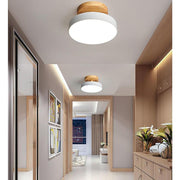 Round Minimalist Drum Flush Mount Light Metal Wood LED Ceiling Light