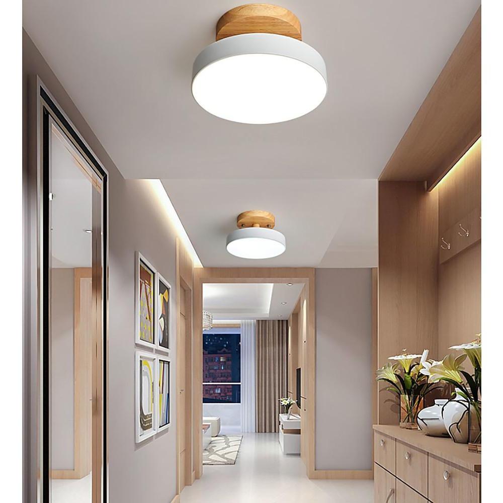 Round Minimalist Drum Flush Mount Light Metal Wood LED Ceiling Light